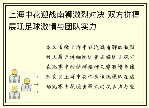 上海申花迎战南狮激烈对决 双方拼搏展现足球激情与团队实力